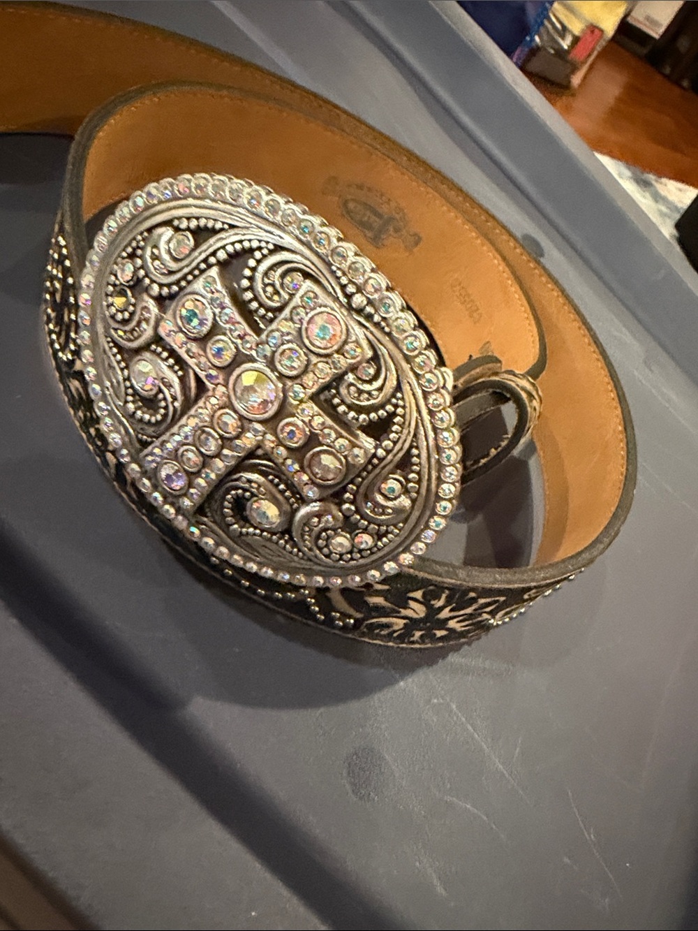 Justin Boots Black Leather Western Belt with Oval Jeweled Buckle